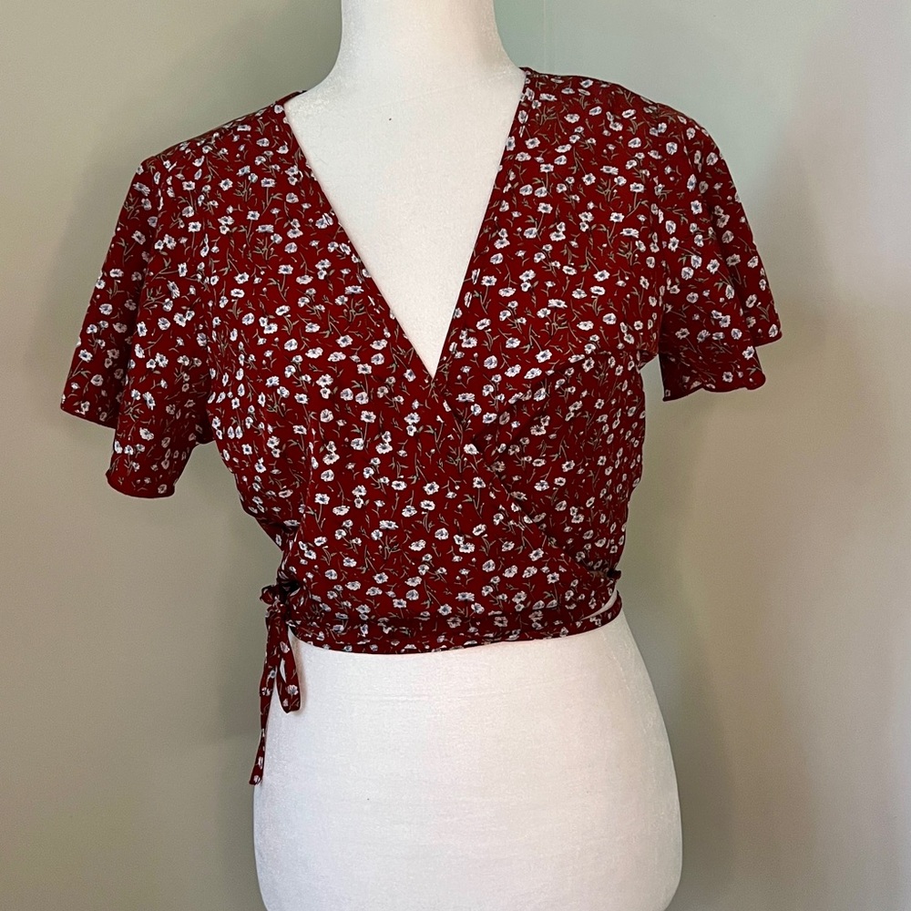 Red Floral Wrap Crop Top